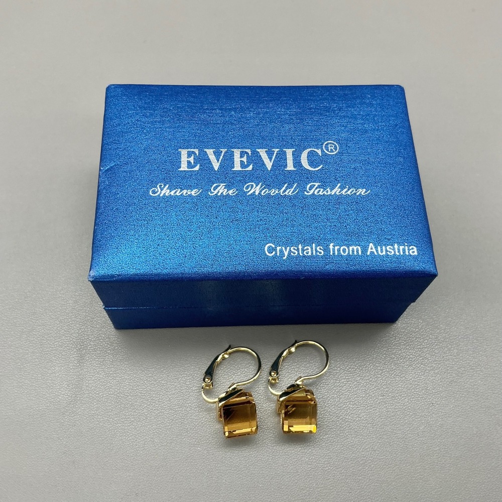 EVEVIC Earrings Women Amber Gold Tone Austrian Crystal Square Dangle Drop Boxed